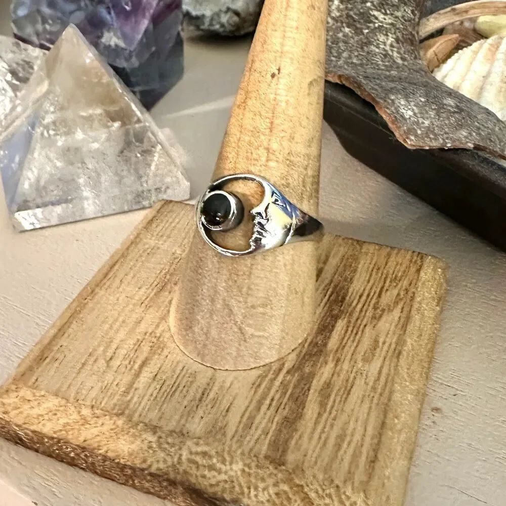 Moon Black Agate Sterling Silver Ring